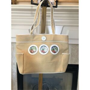 Women’s Beige and White Trim With Floral Accents Shoulder Bag